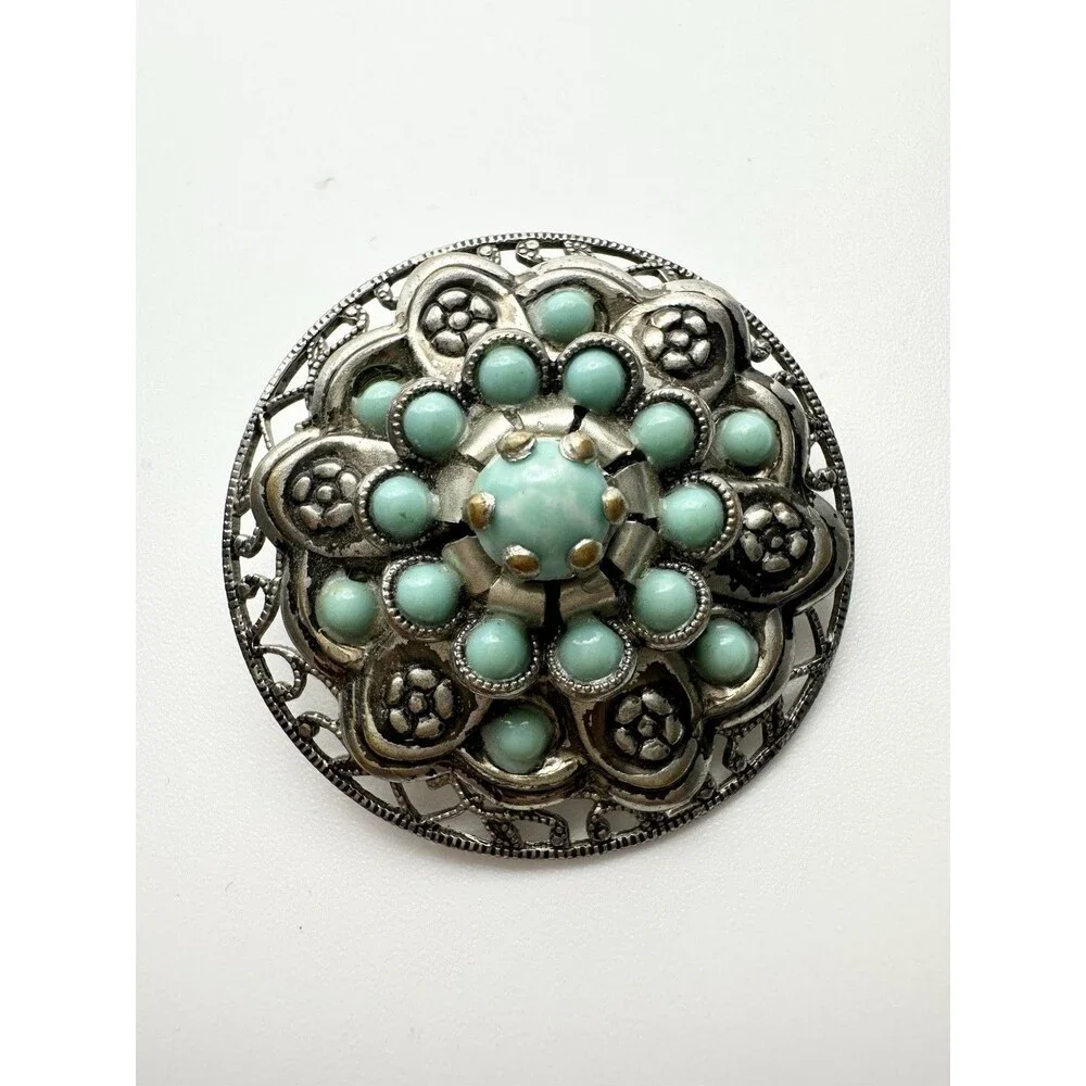 Vintage Faux Turquoise Cabochon Silver Tone Filigree Floral Brooch Pin